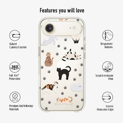 clear cat phone case showing scratch-resistant, anti-yellowing and 360 protection features 