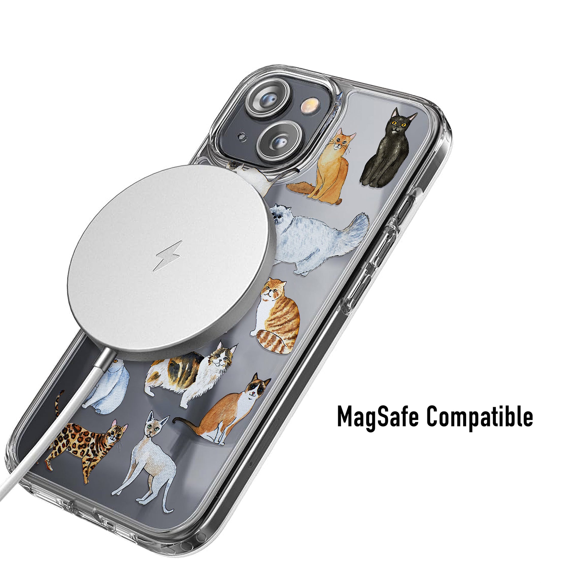 Phone case with cat illustrations and MagSafe compatibility 