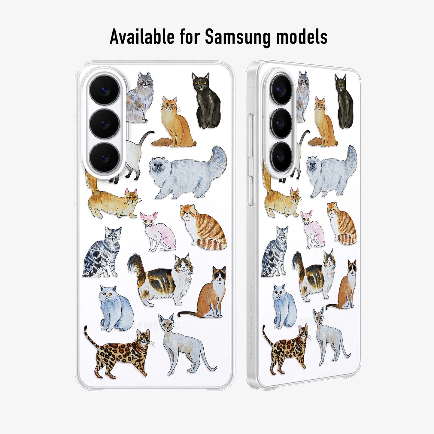 Clear cat phone case with watercolour cat design available for iPhone and Android models
