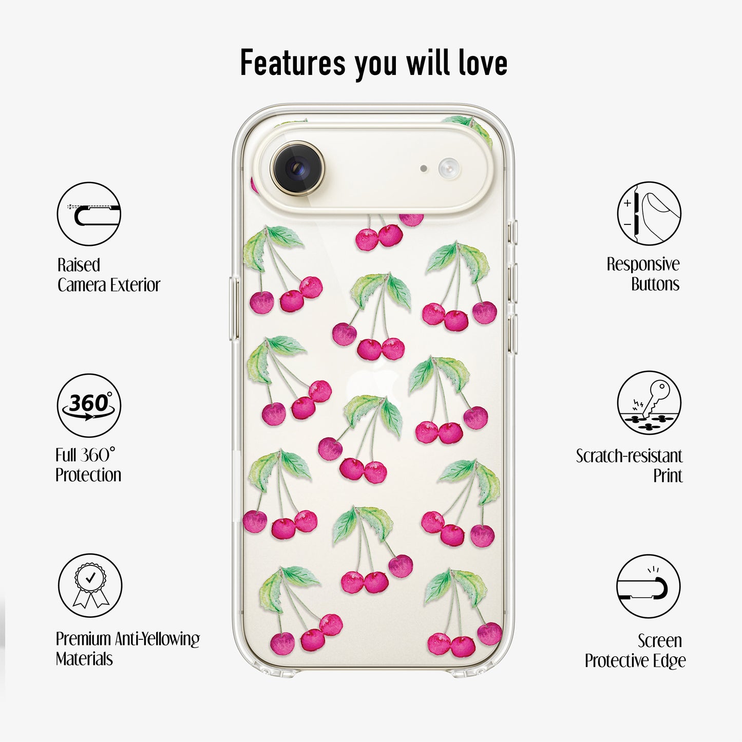 clear Phone case with cherry design  showing scratch-resistant print, anti yellowing materials and 360 protection