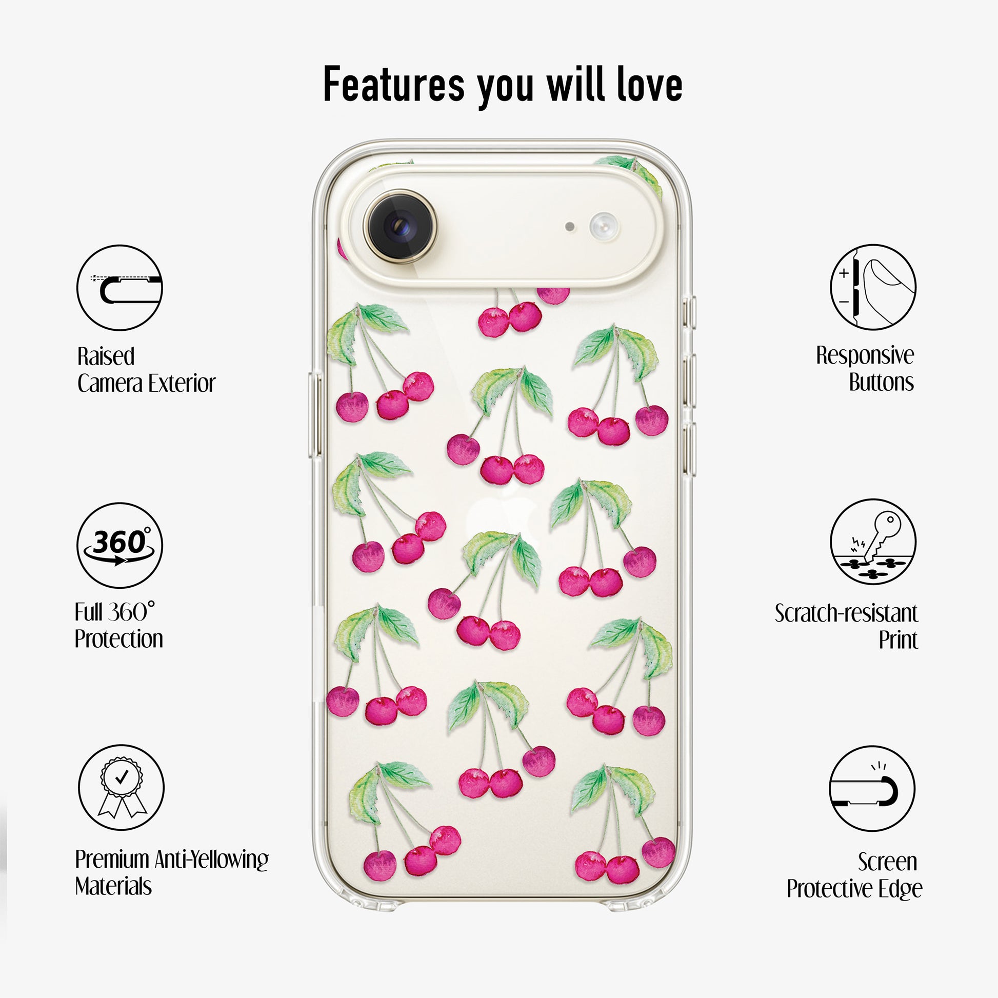 clear Phone case with cherry design  showing scratch-resistant print, anti yellowing materials and 360 protection