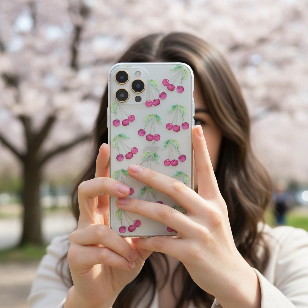 woman holding a phone with a clear cherry phone case showing everyday use