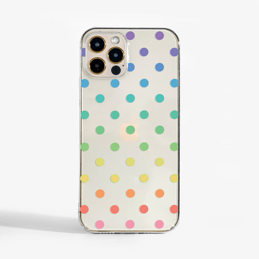 Clear colourful polka dot phone case with vibrant multicoloured dot pattern on transparent background