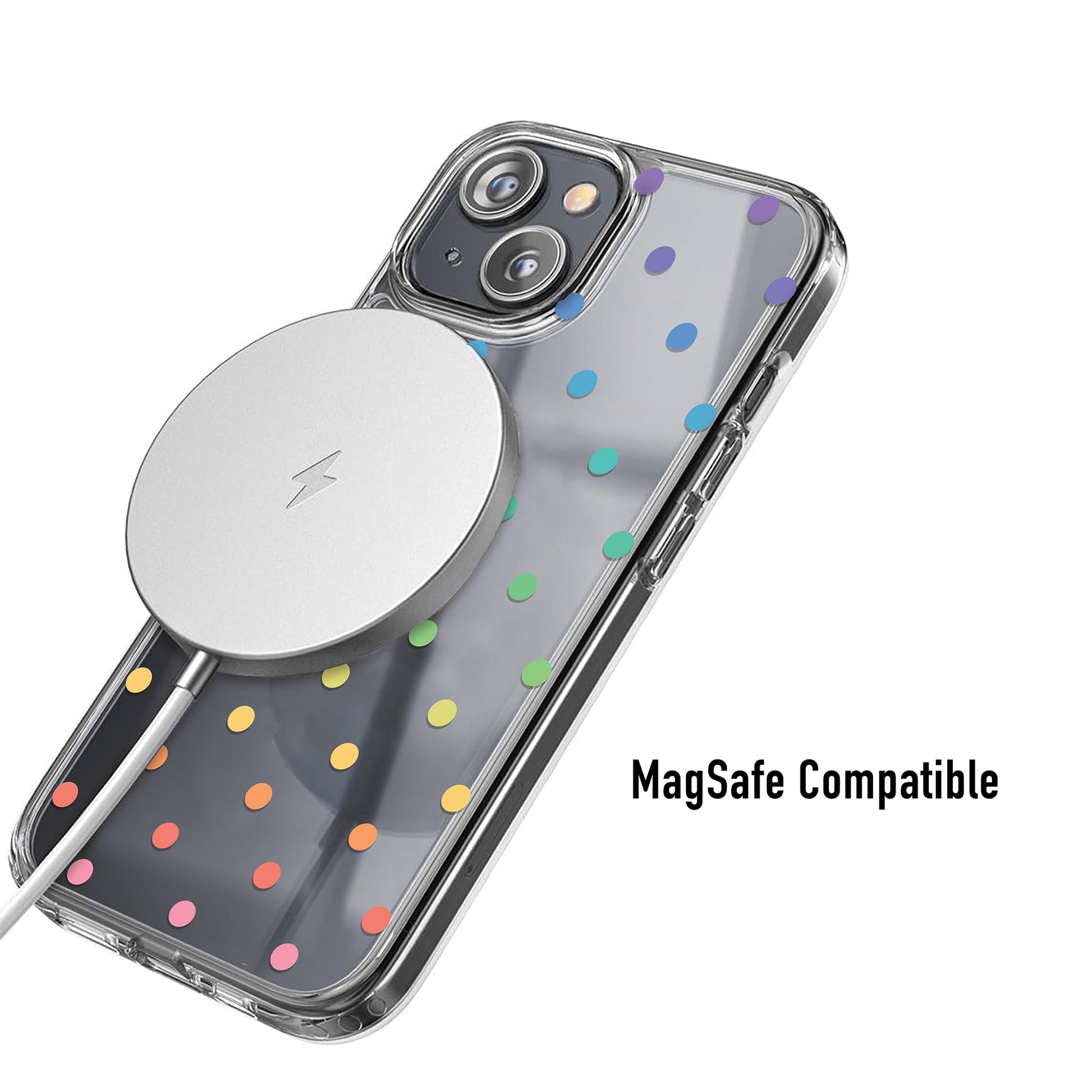 Clear colourful polka dot phone case MagSafe compatible for easy wireless charging