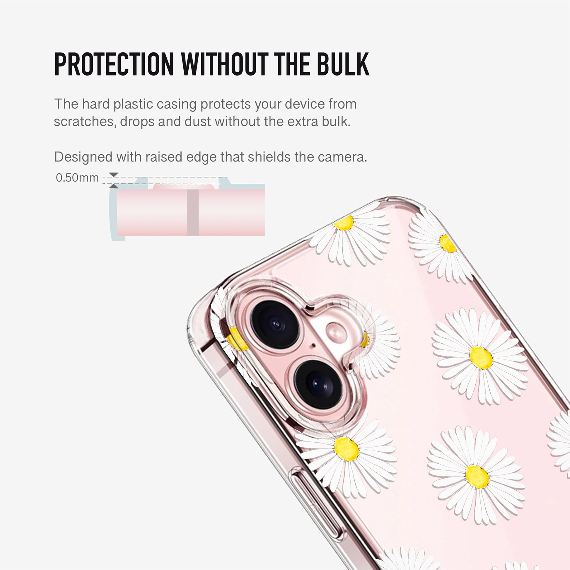 Phone case with daisy pattern raised camera edge