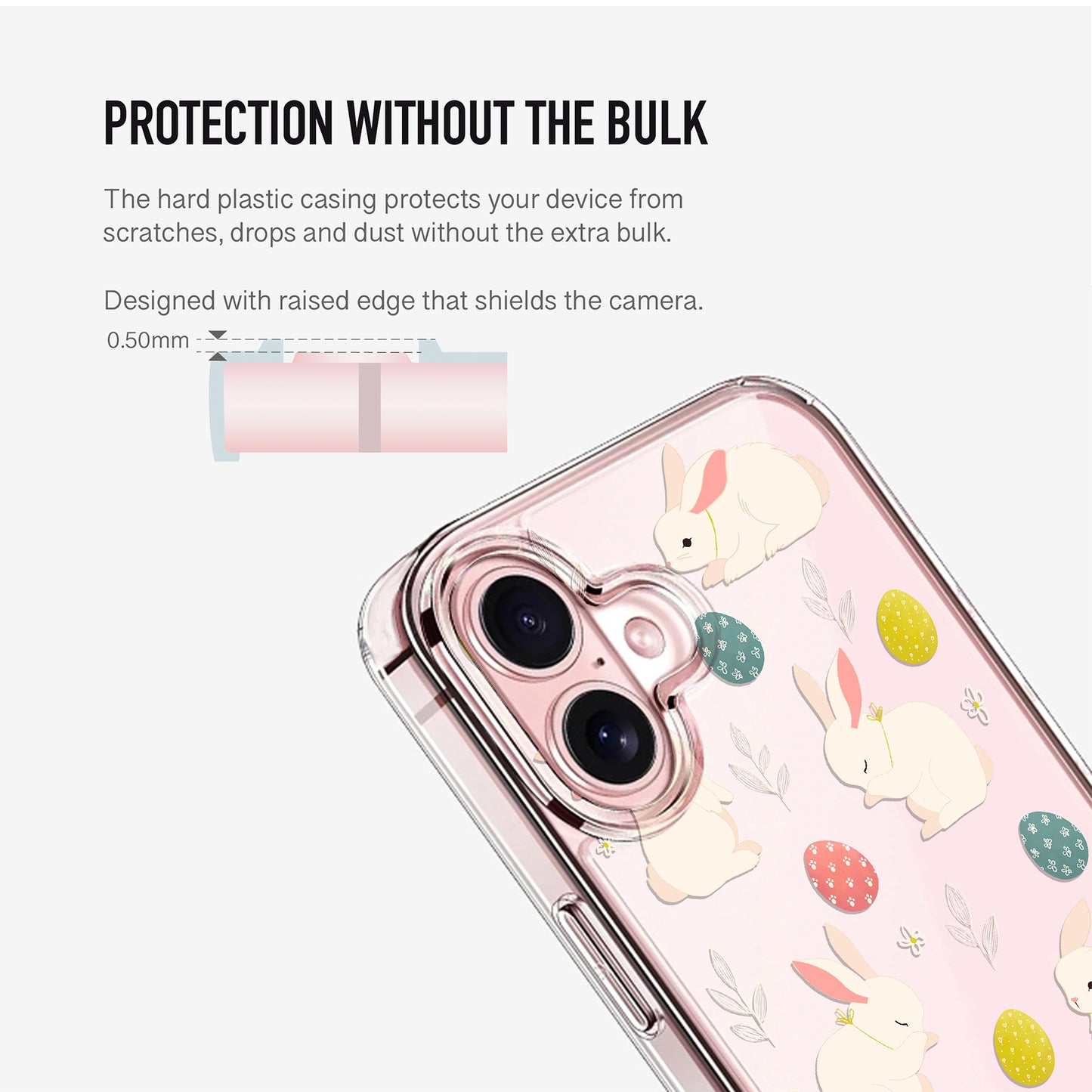 Clear phone case with raised camera edge and bunny illustration