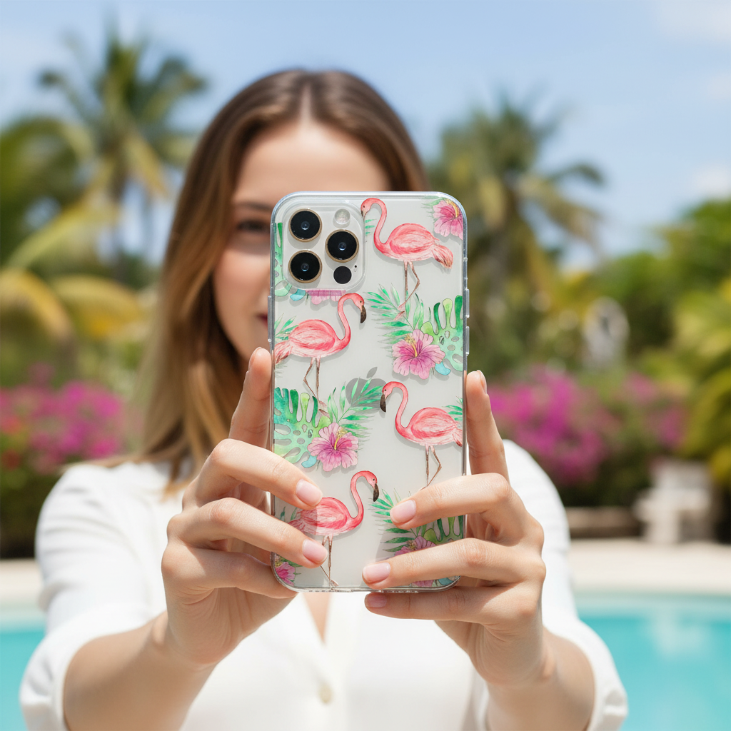 Person holding a clear phone with a flamingo design 