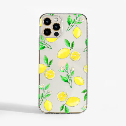 Clear lemon phone case featuring fresh citrus art design. A designer phone case for women who love playful prints.
