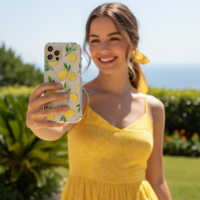 Woman  holding a phone with clear lemons phone case, showing everyday use