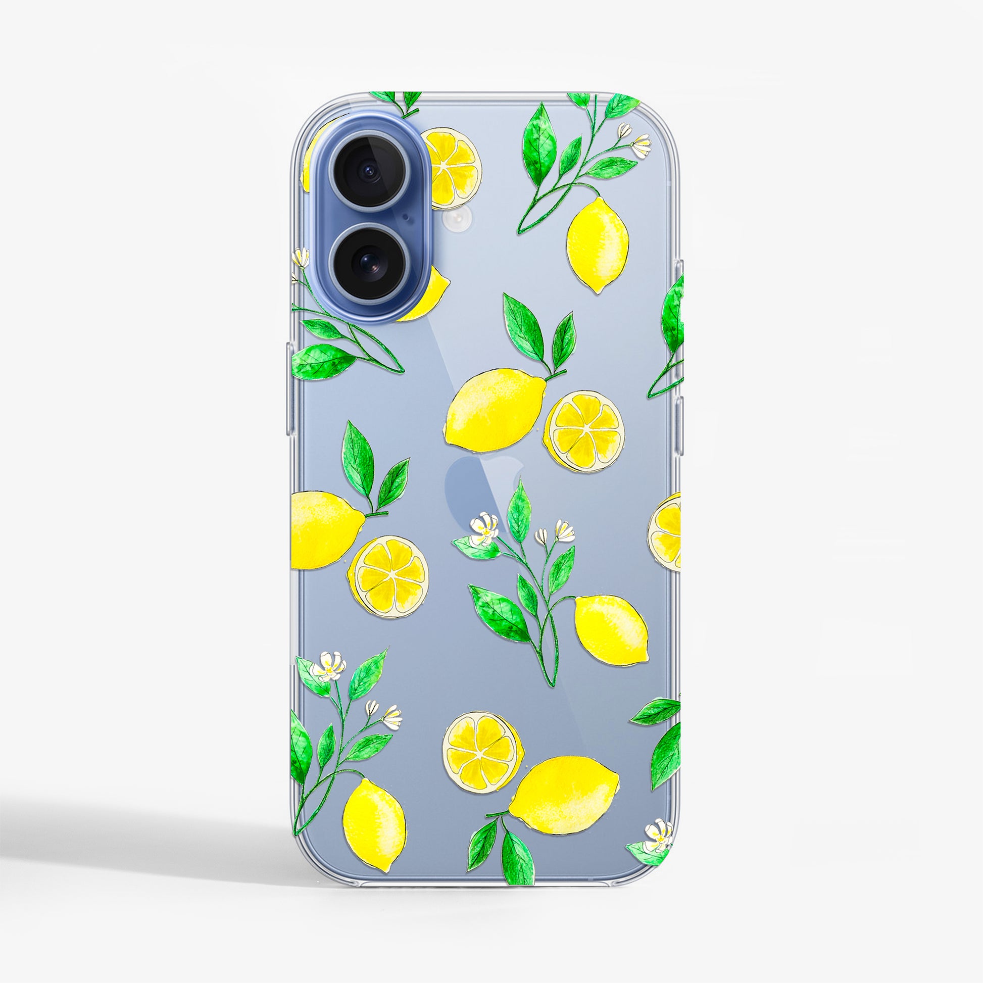 Clear phone case with lemons print on an iPhone 16. 