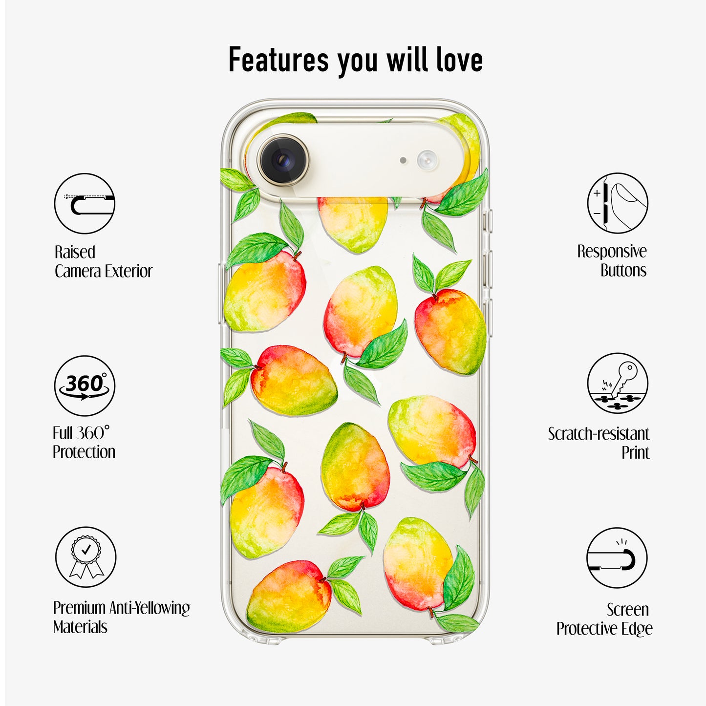 clear mango phone case showing features like scratch-resistant print, anti-yellow material and 360 protection