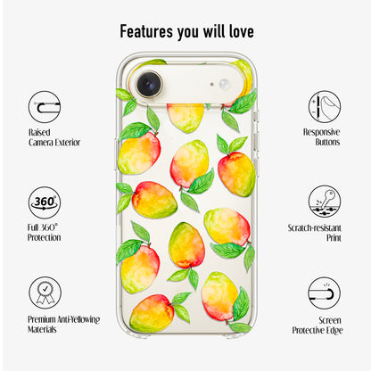 clear mango phone case showing features like scratch-resistant print, anti-yellow material and 360 protection