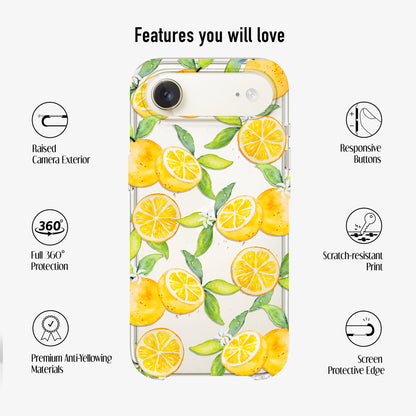 clear phone case with watercolour fruit showing eatures such as scratch-resistant print, anti-yellow materials and 360 protection