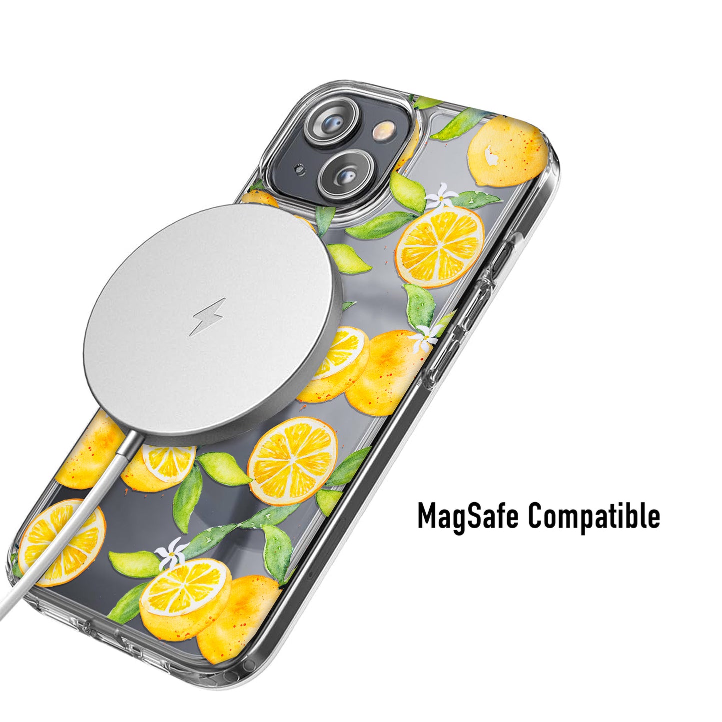 Clear phone case with citruis fruit pattern and agSafe compatibility 