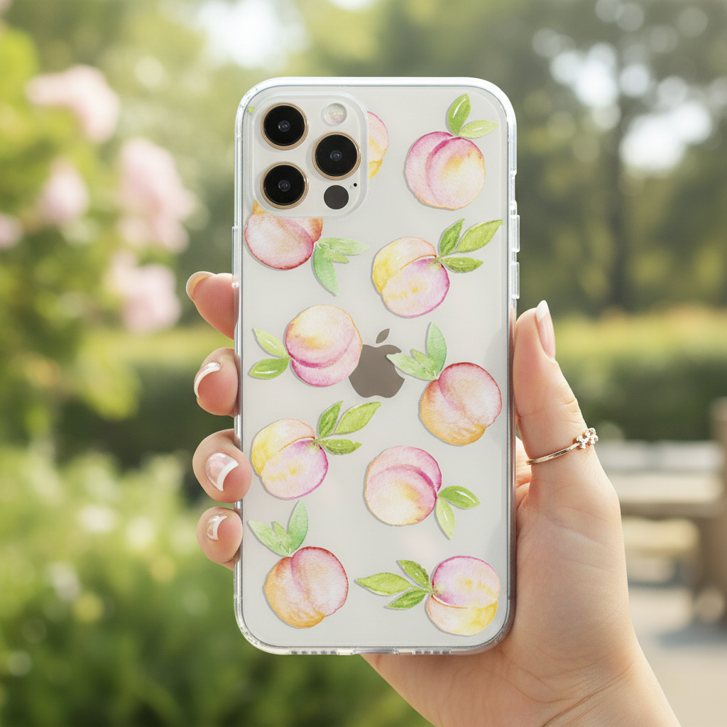 Phone case with peach design held by a hand showing everyday use