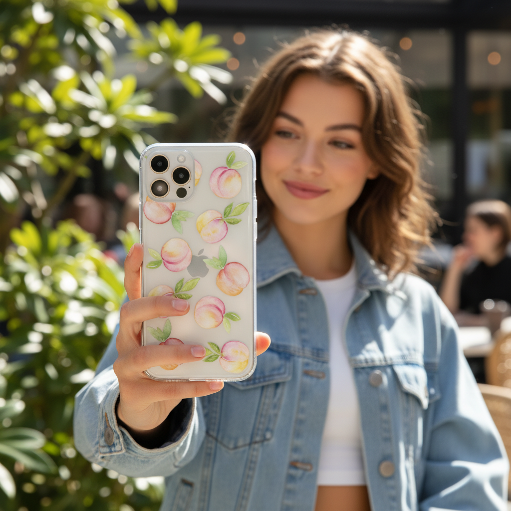 woman taking a selfie with a phone that has a clear peach phone case