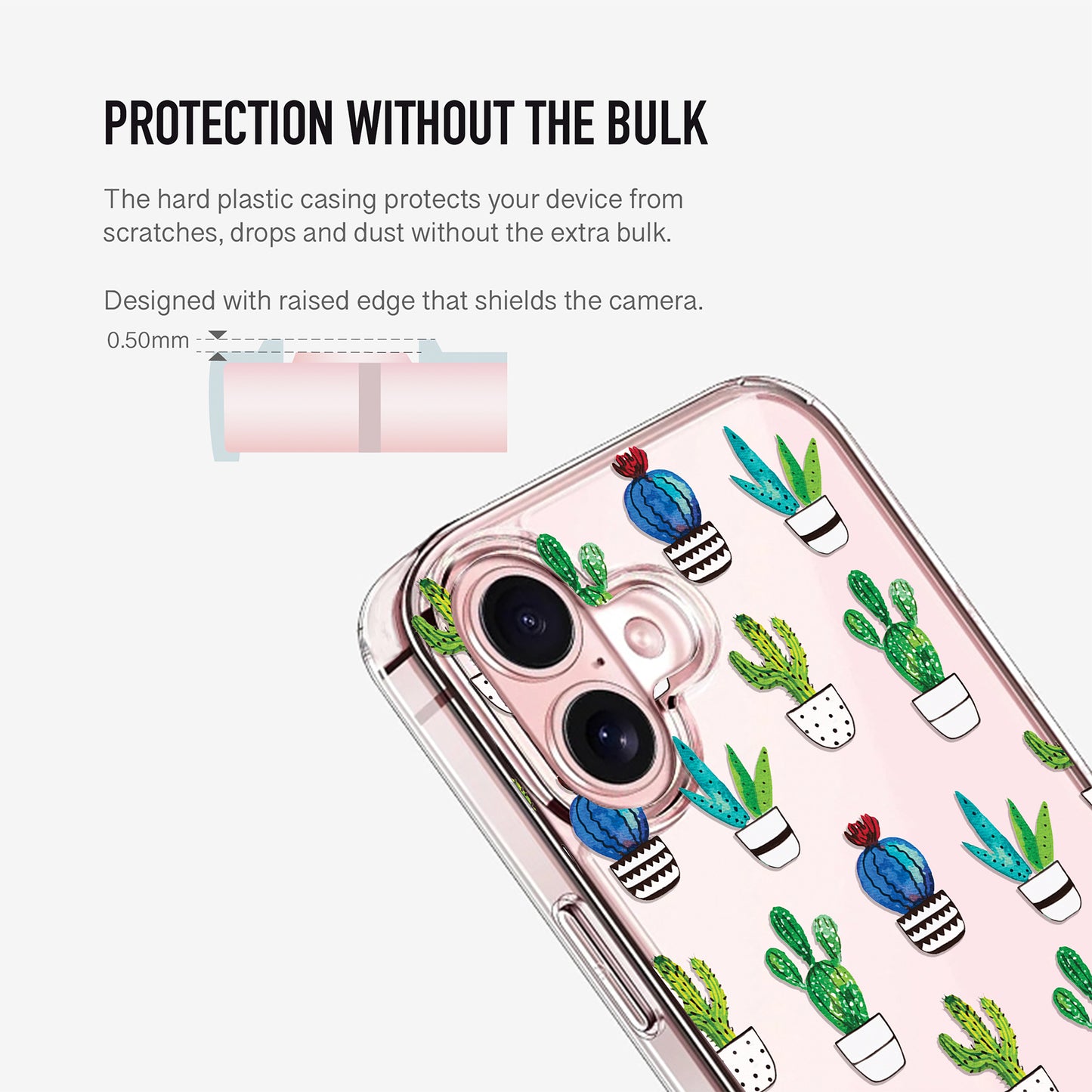 Clear phone case with raised camera edge for extra lens protection