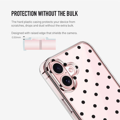Phone case with polka dot design on a clear background  with raised camera protection and slim minimalist design