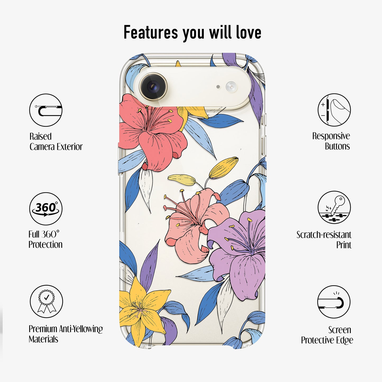 Clear Floral phone case with scratch-resistant print, anti-yellowing materials and 360 protection features