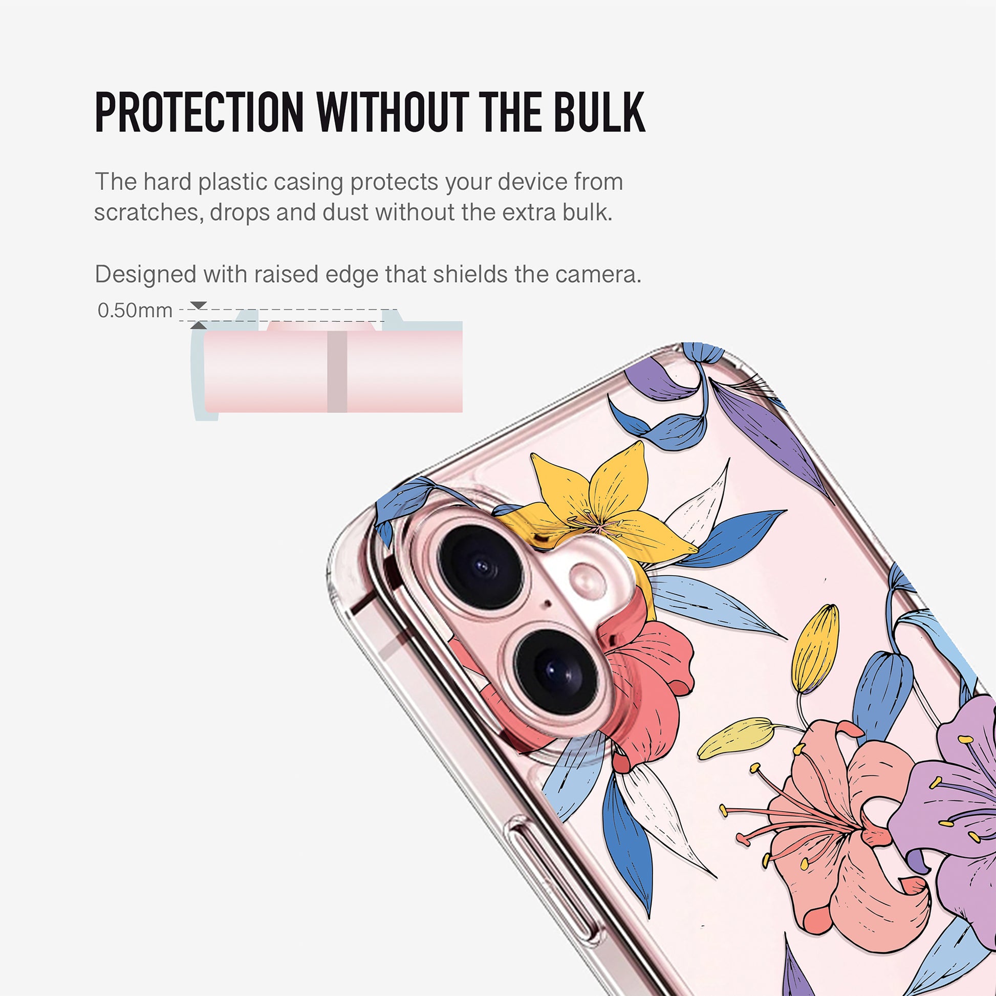 Phone case with floral design on a clear background with raised camera edge for extra protection