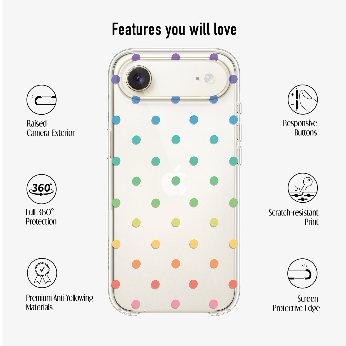 Clear phone case with UV printed colourful polka dot design and anti-yellow material