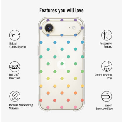 Clear phone case with UV printed colourful polka dot design and anti-yellow material