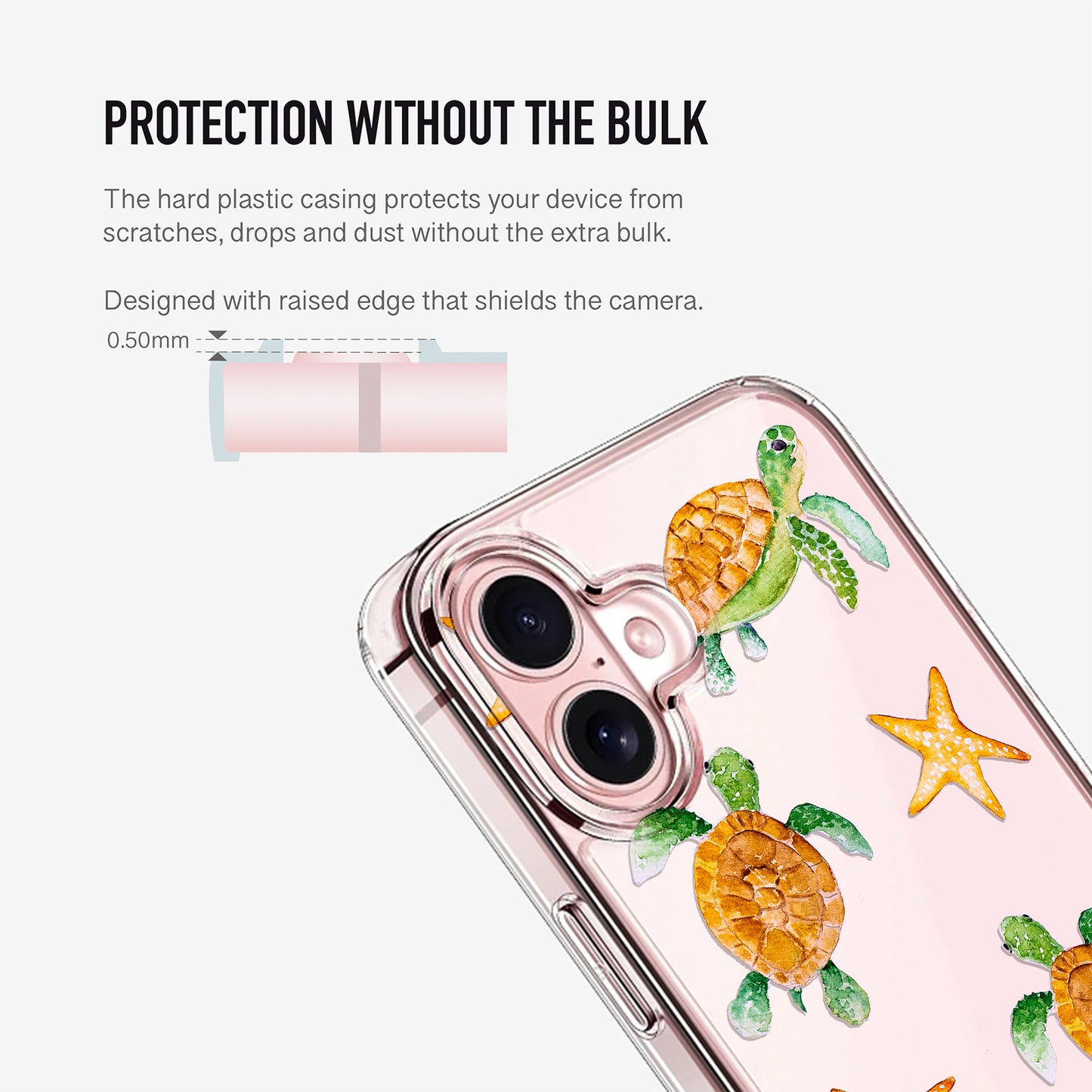 Clear phone case with raised camera protection and slim protective design