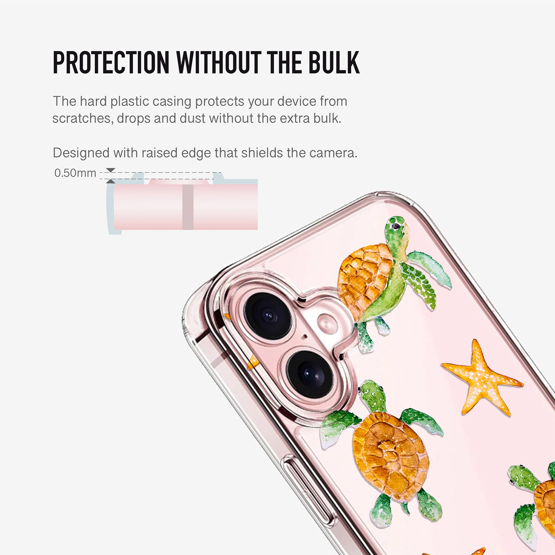 Clear phone case with raised camera protection and slim protective design