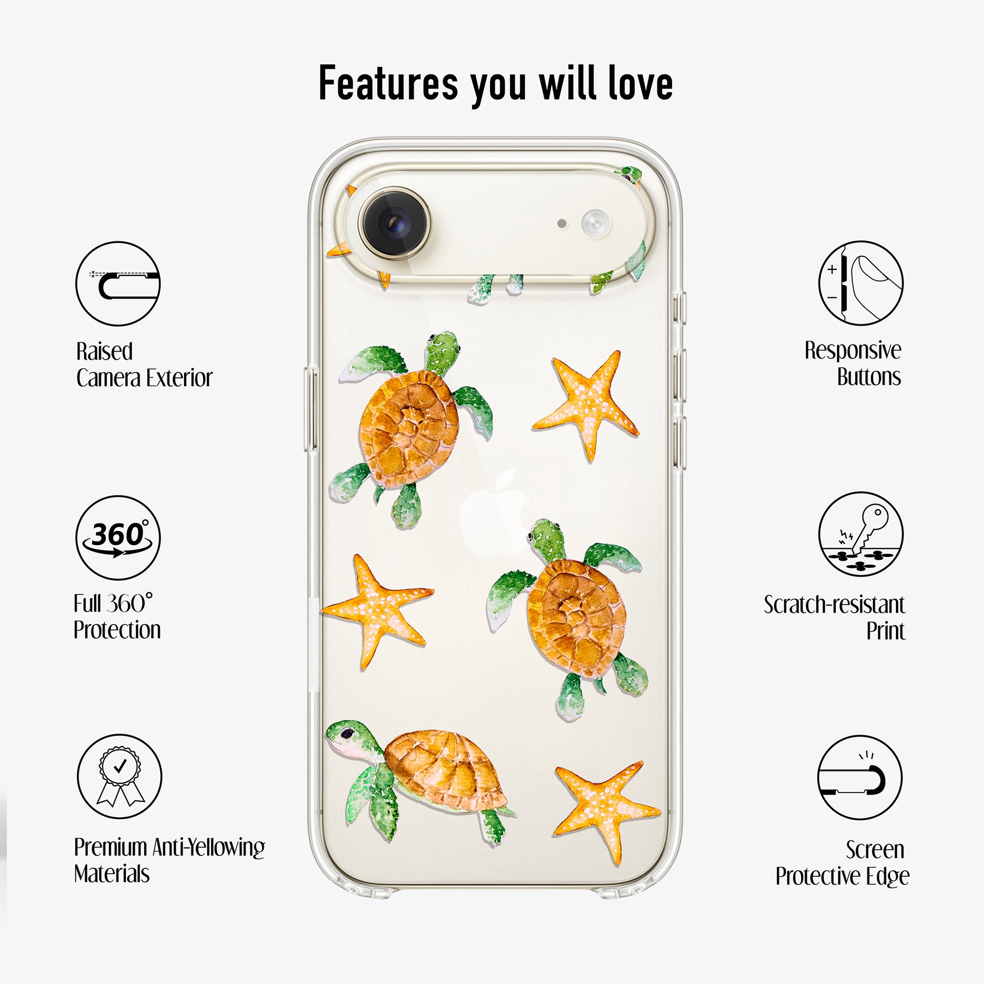 Clear phone case with scratch-resistant UV print and anti-yellow material finish