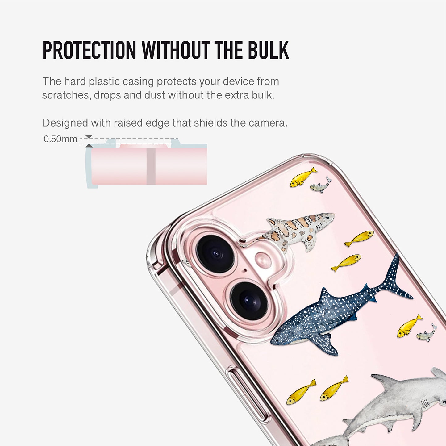 Clear phone case with watercolour sharks design and raised camera edges for extra lens protection