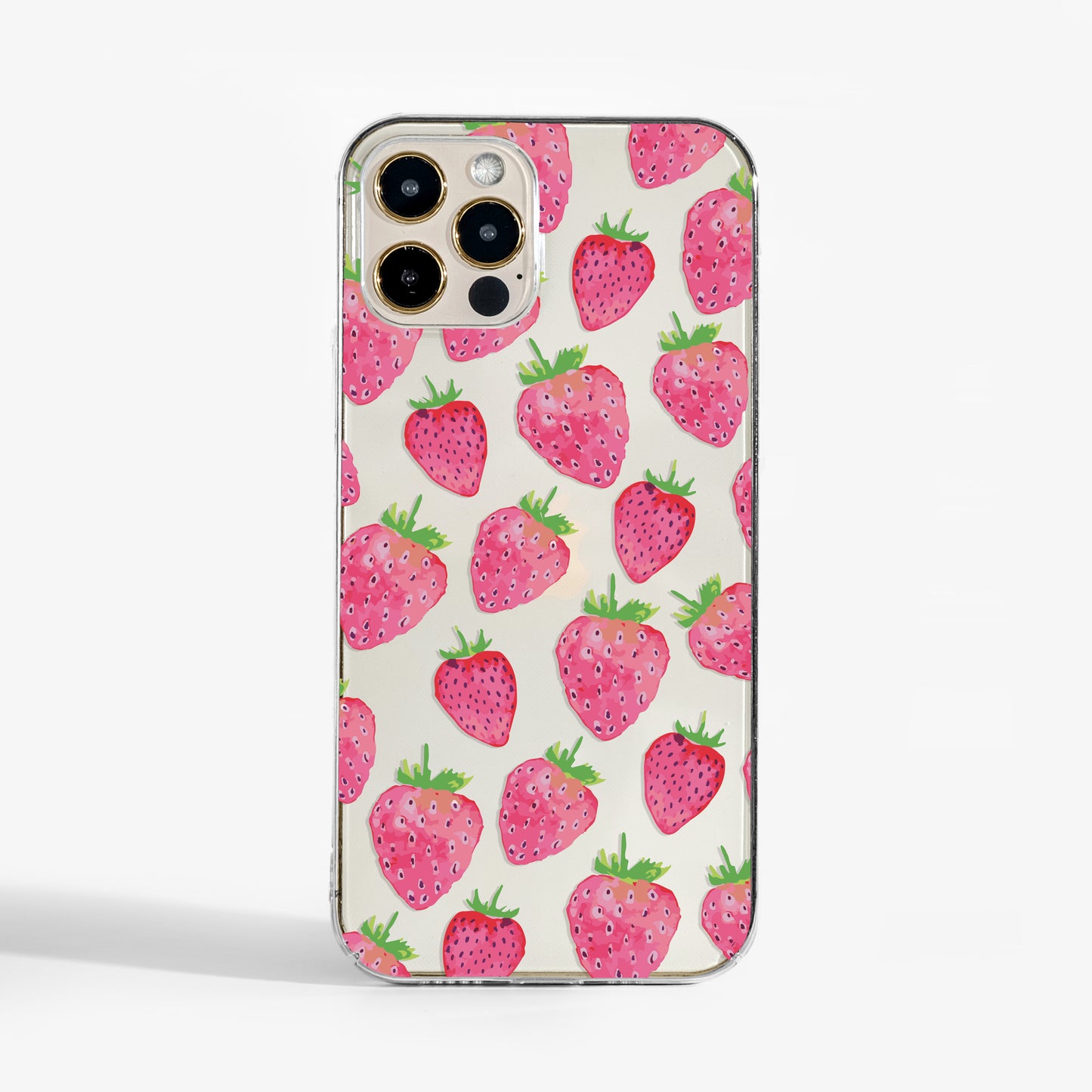 Clear phone case with strawberry print- playful design that adds colour to your everyday tech.