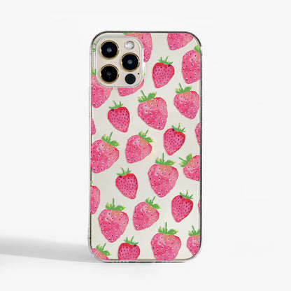 Clear phone case with strawberry print- playful design that adds colour to your everyday tech.