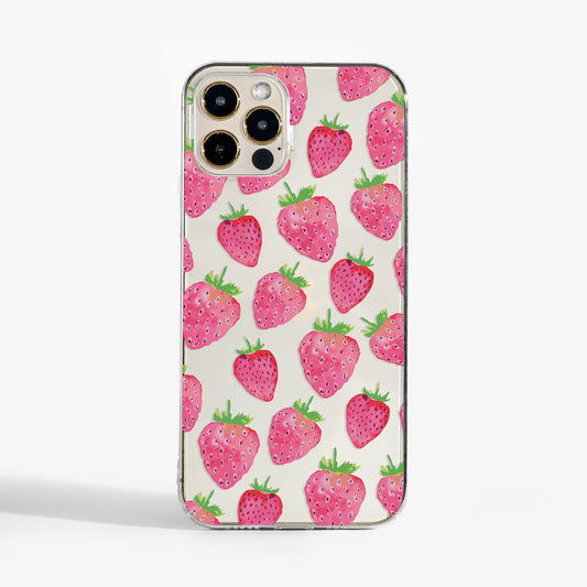 Clear phone case with strawberry print- playful design that adds colour to your everyday tech.