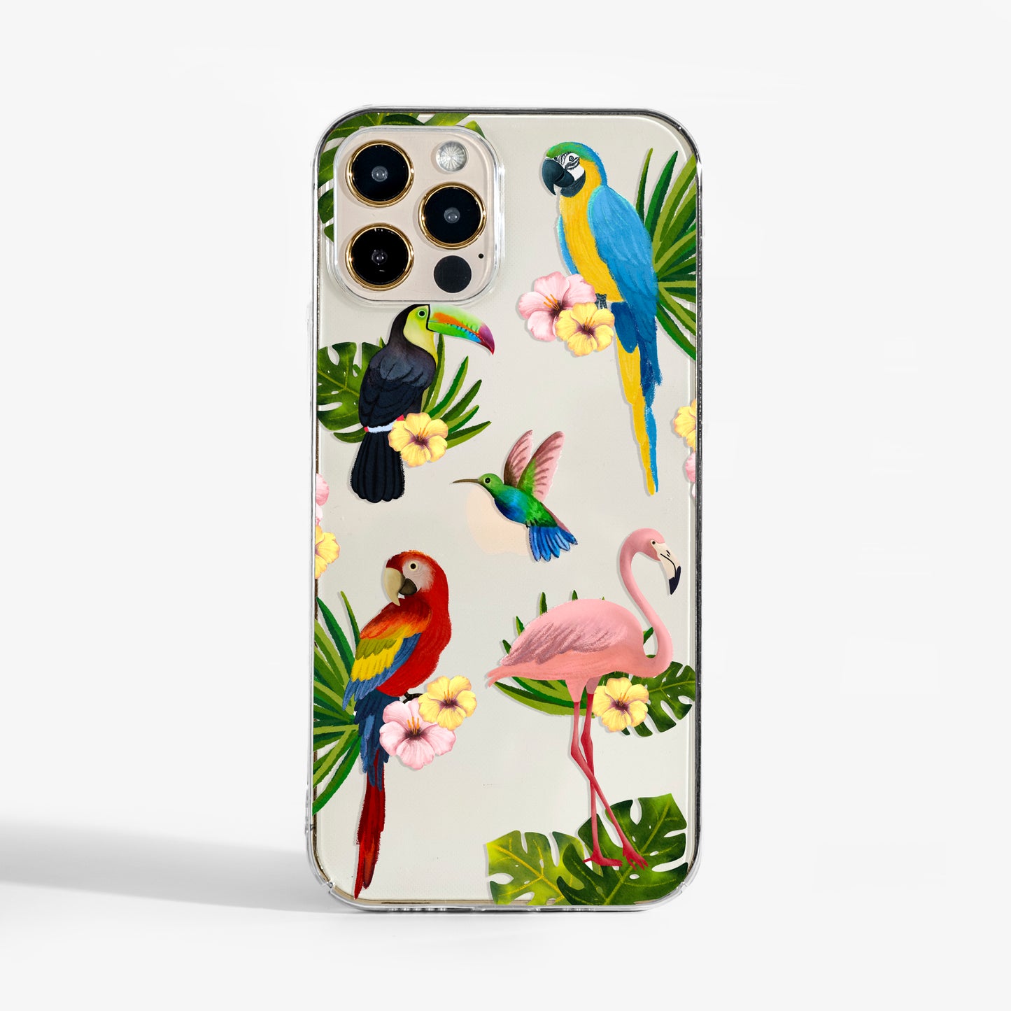 clear Phone case with tropical birds and flowers on a transparent background -protective phone case for iPhone, Samsung, and Google Pixel.