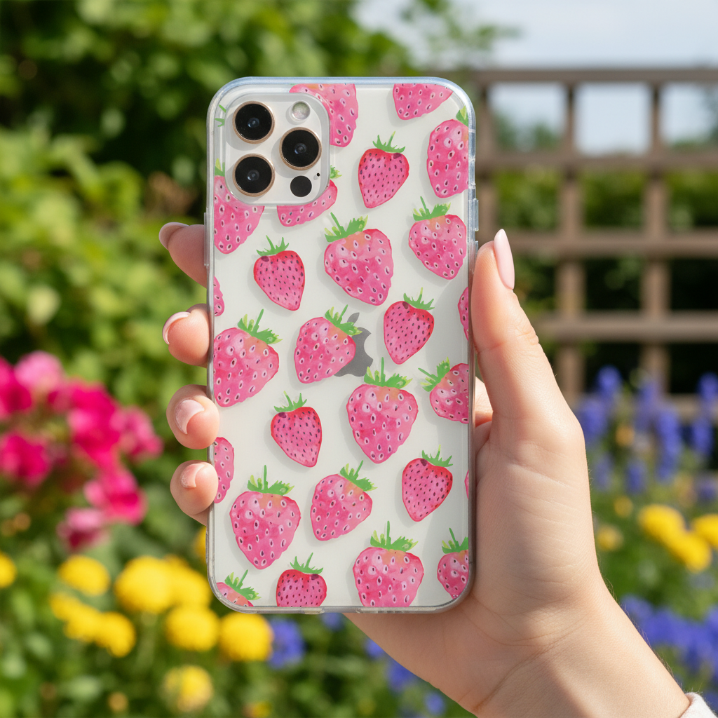 Clear Phone case with strawberry pattern held by a hand in front of flowers