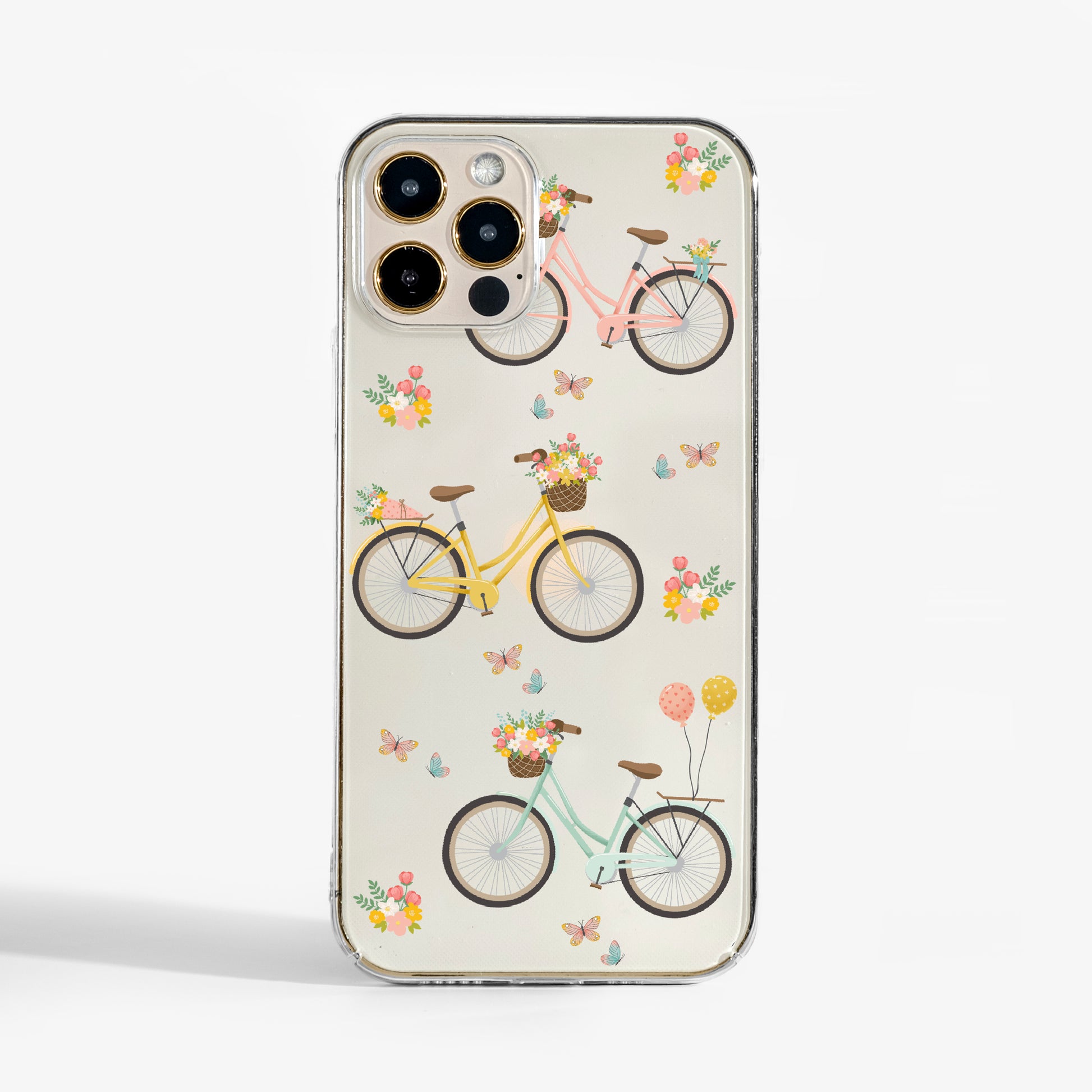 clear vintage bike phone case with pastel bike artwork and flowers
