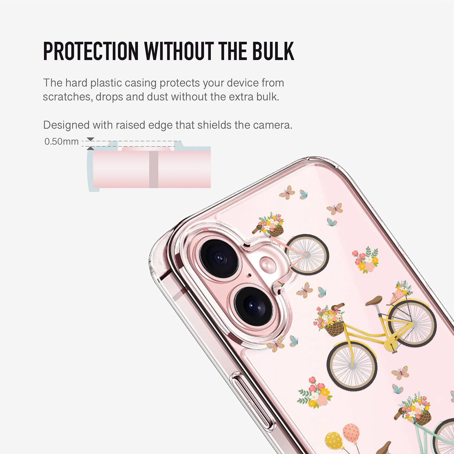 clear vintage bike phone case designed with raised camera edge for extra lens protection