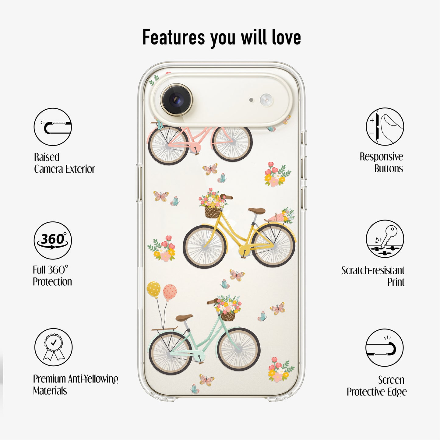 clear vintage bike phone case showing features you will love - scratch-resistant print, anti-yellowing materials and 360 protection.