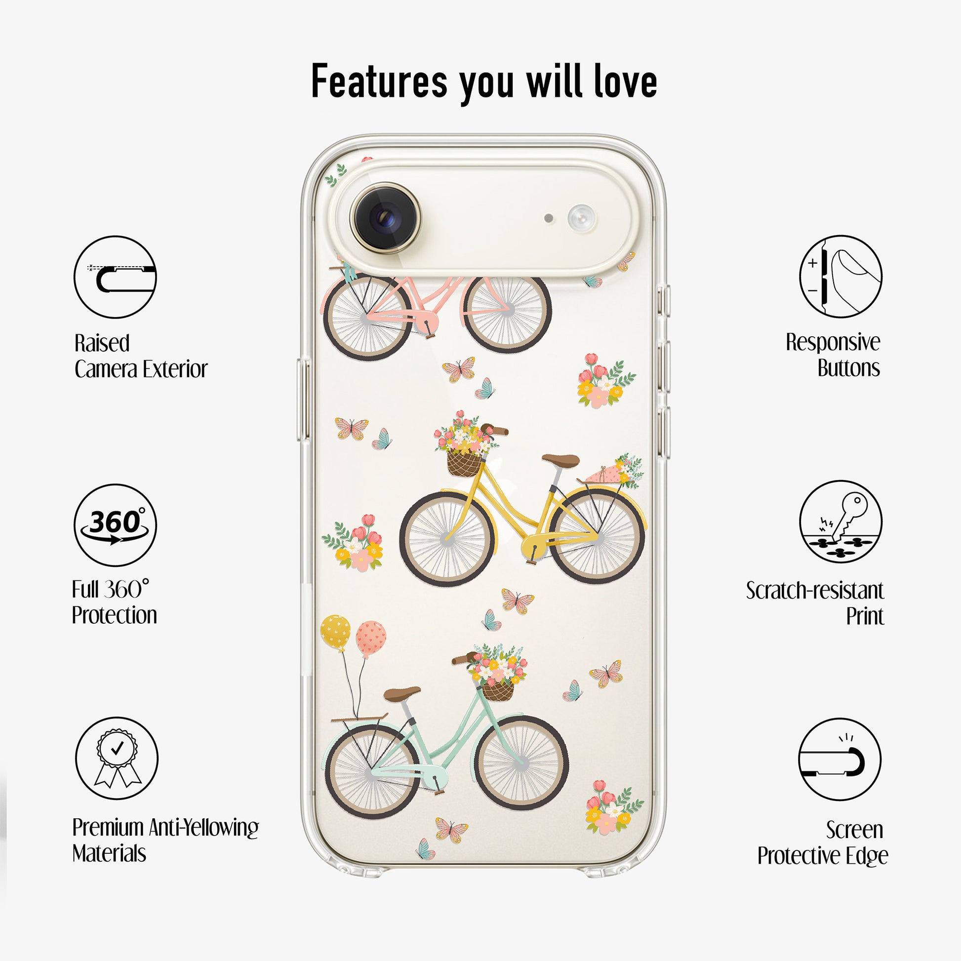 clear vintage bike phone case showing features you will love - scratch-resistant print, anti-yellowing materials and 360 protection.