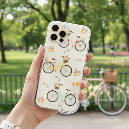 woman showing a phone wtih clear vintage bike phone case