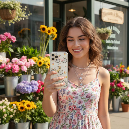 Woman taking a selfie with a phone with clear vintage bike phone case