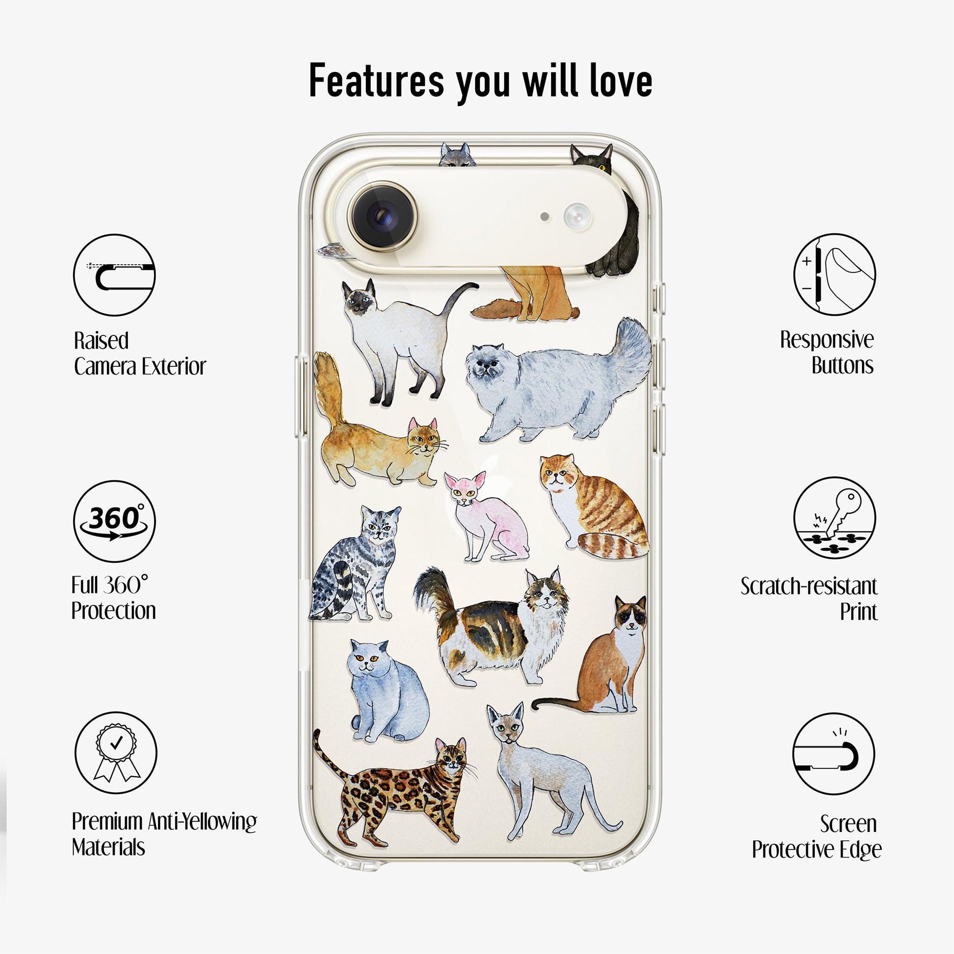 Clear cat phone case showing features such as anti-yellow material, raised camera edges, and 360 protecton