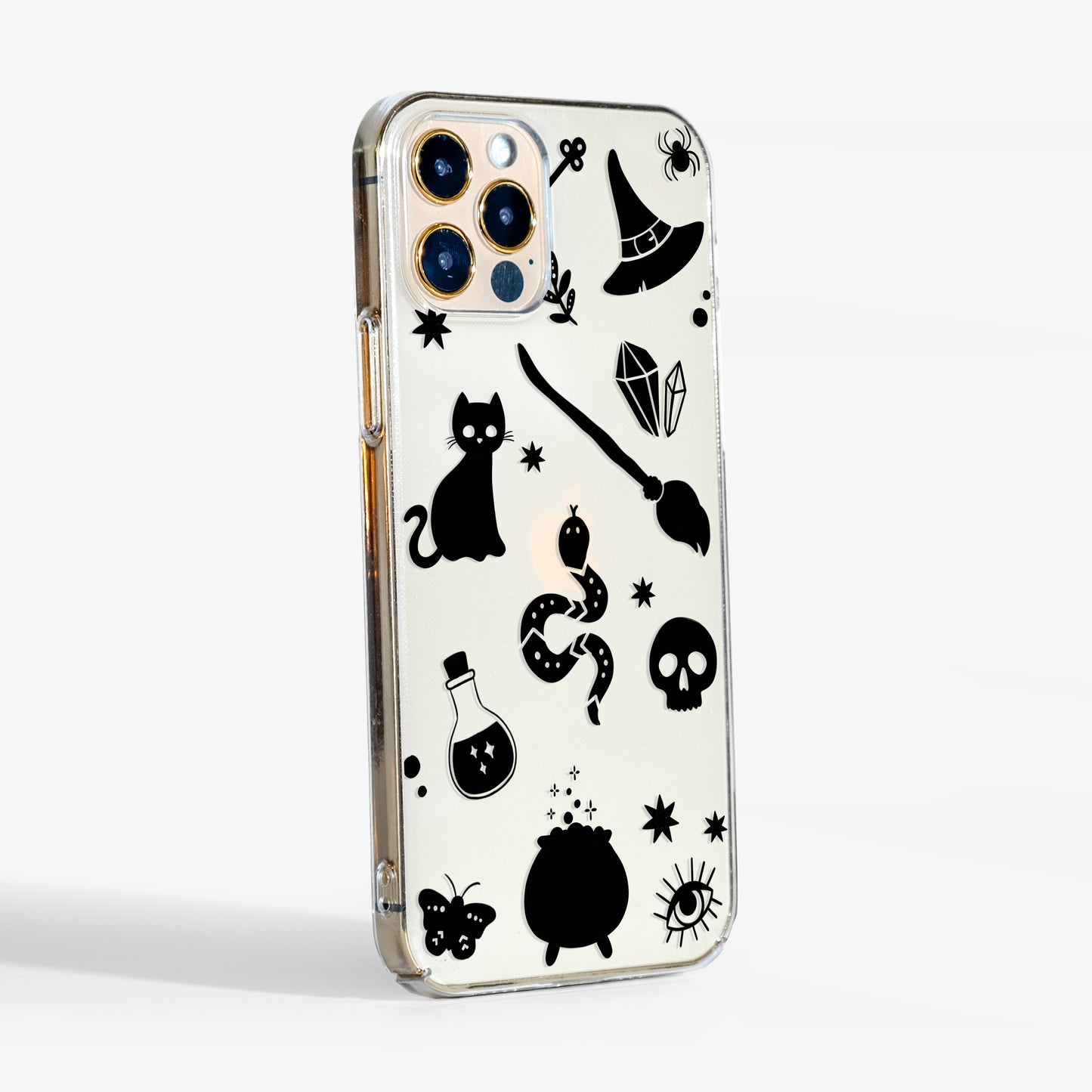 Side view of clear Witchy phone case showing transparent sides for a sleek and minimal look 