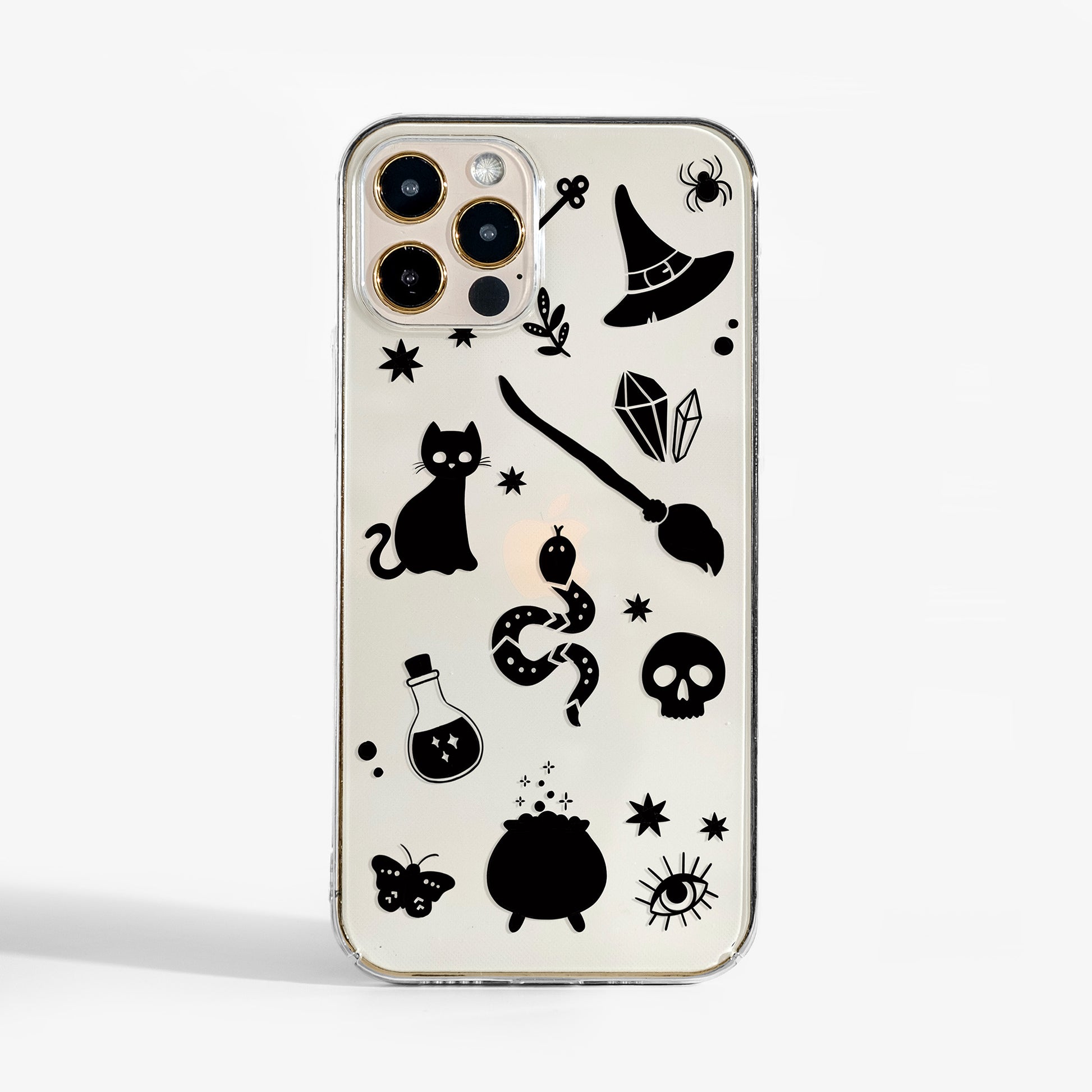 Clear Phone case with black mystical design on a clear background