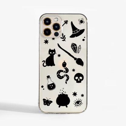 Clear Phone case with black mystical design on a clear background