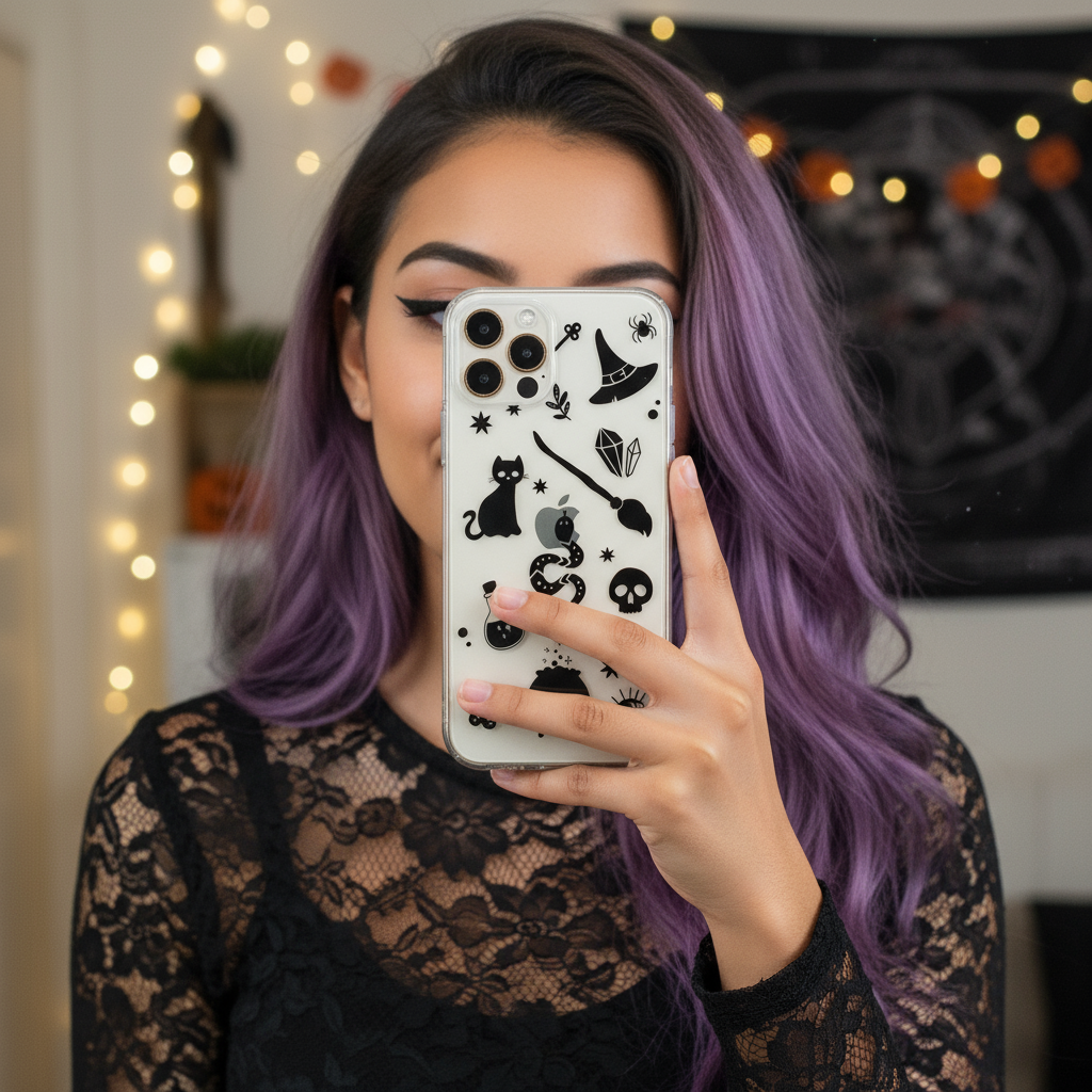 woman taking a selfie with the clear witchy phone case 