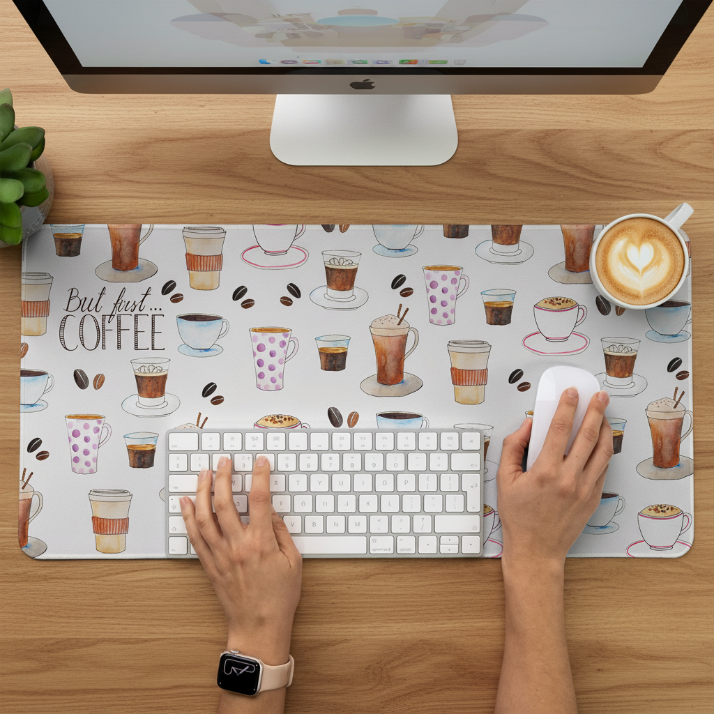 person working on a desk with coffee desk mat featuring watercolour coffee illustrations for a desk setup that feels like you.