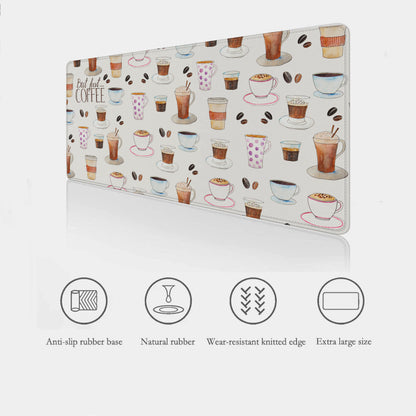 Desk mat with coffee-themed design showing features like anti-slip rubber vbase, smooth fabric and stitched edges