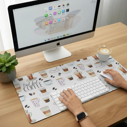 desk with coffee desk mat showing aesthetic workspace setup