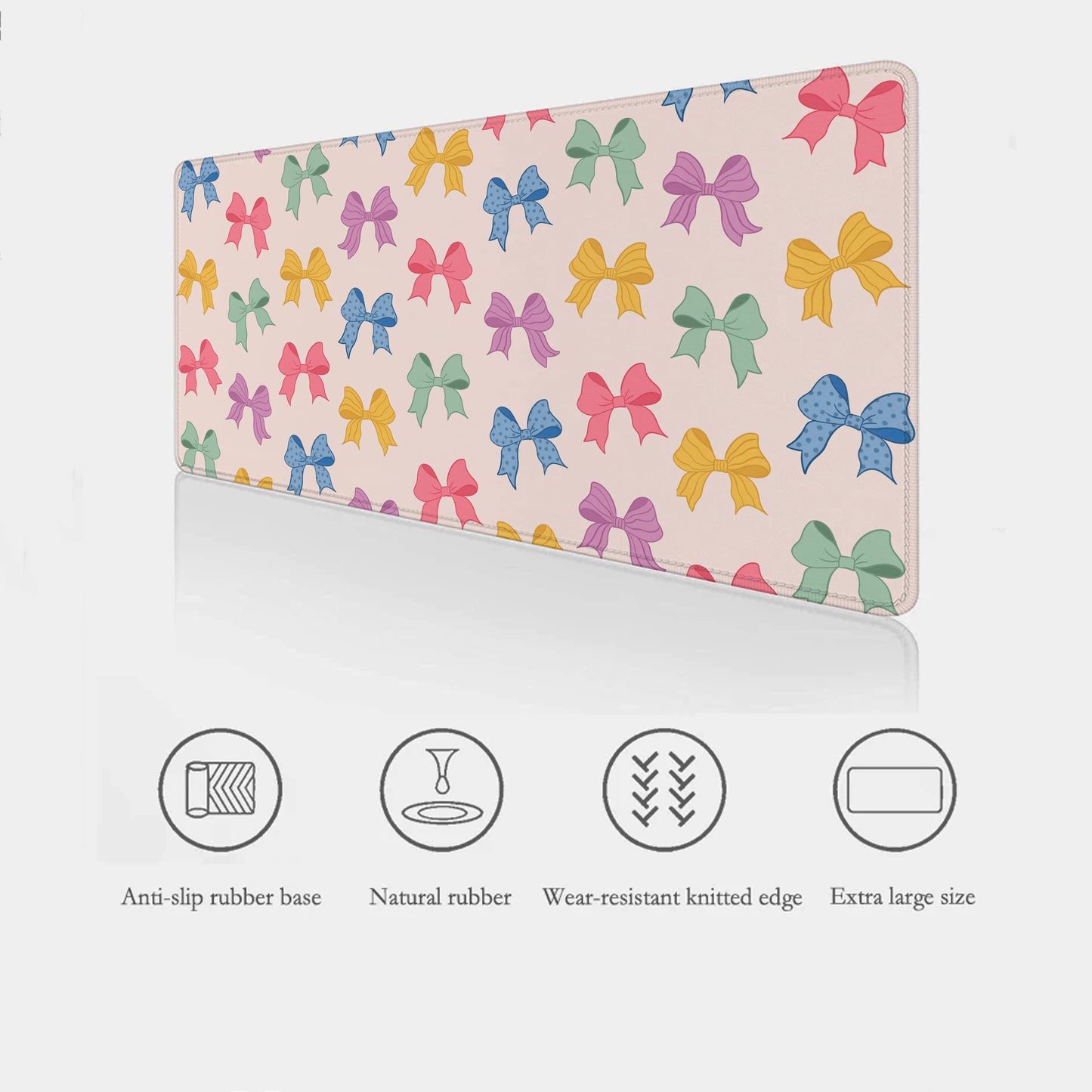 Desk mat with colorful bow design listing features like anti-slip rubber base, wear-resistant sticthed edges